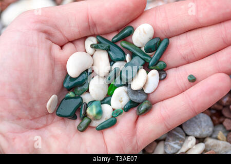 Feine meer Kiesel auf einer Hand, kleinen grünen und weißen Steinen, Stücke von Glas. Stockfoto