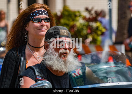 Daytona Beach, FL - 12. März 2016: Bärtigen Bikern in der 75. jährlichen Bike Week auf der weltweit berühmtesten Strand teilnehmen. Stockfoto