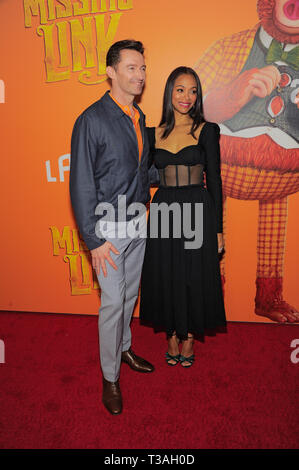 NEW YORK, NY - 07 April: Hugh Jackaman und Zoe Saldana besuchen 'Missing link' New York Premiere im Regal Cinema Battery Park am 07 April, 2019 in New Y Stockfoto