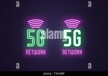 Neon Zusammensetzung 5G-Netz mobile Technologie. Vector Illustration von drahtlosen 5G-Internet-Verbindung mit hoher Geschwindigkeit Datenübertragungsrate. Neon Stock Vektor