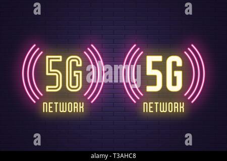 Neon Zusammensetzung 5G-Netz mobile Technologie. Vector Illustration von drahtlosen 5G-Internet-Verbindung mit hoher Geschwindigkeit Wellen der Datenübertragung. N Stock Vektor
