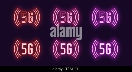 Neon-Symbol 5G-Netz mobile Technologie. Vector Illustration von drahtlosen 5G-Internet-Verbindung mit hoher Geschwindigkeit Wellen der Datenübertragung. Neon glo Stock Vektor