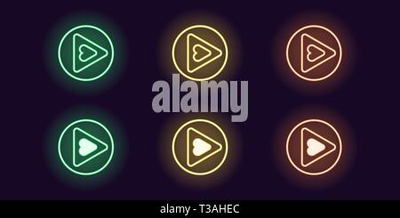 Neon Icon Set der Play-Taste. Vector Illustration des Runde Spielen neon Schild mit Herzen im Inneren. Leuchtende Umrisse Symbol isoliert, das Symbol. Grün, Gelb Stock Vektor