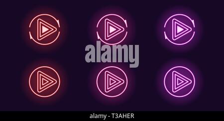 Neon Icon Set der Play-Taste. Vector Illustration des Runde Spielen Neon Sign mit sich wiederholenden runden Pfeil. Leuchtende Umrisse Symbol isoliert, das Symbol. U Stock Vektor
