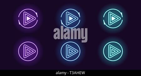Neon Icon Set der Play-Taste. Vector Illustration des Runde Spielen Neon Sign mit sich wiederholenden runden Pfeil. Leuchtende Umrisse Symbol isoliert, das Symbol. U Stock Vektor