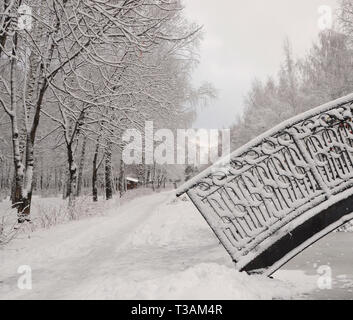 Schönen winter bild in einem Verschneiten Park mit einer Straße, Bäume, Brücke Stockfoto