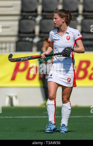 AMSTERDAM, 07-04-2019, Livera Hoofdklasse Hockey Dames Seizoen 2018-2019. Veranstaltungsort: Wagener Stadion. Maud Macht während des Spiels AH&BC Amsterdam vs HC Oranje-Rood. Stockfoto