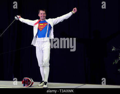 Prag, Tschechische Republik. 06 Apr, 2019. Epee Fechter Martin Capek (Tschechische Republik) während der All Stars Spiel Prag 2019 Ausstellung Turnier, am 6. April 2019, in Prag, Tschechische Republik. Credit: Katerina Sulova/CTK Photo/Alamy leben Nachrichten Stockfoto