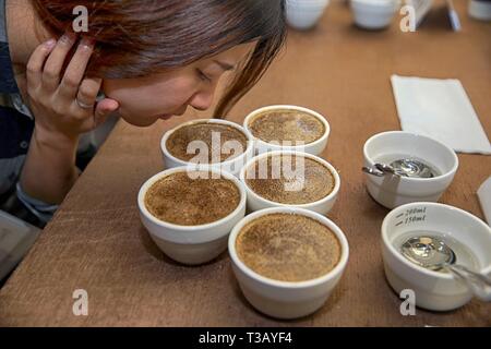 (190408) - chongqing, April 8, 2019 (Xinhua) - eine Frau riecht importierten Kaffee in Chongqing/Austausch in Chongqing, im Südwesten von China, 12. April 2017. Russische Eis. Georgischen Wein. Aus italienischem Leder. Kenianische Dekorationen. Ausländische Rohstoffe sind ein Erfolg im Südwesten Chinas geworden, da der Riemen und die Straße Initiative gewinnt weiter an Fahrt. In Chongqing Gemeinde, einer verklebten Trading Center, das etwa 10 km von der Stadt angezogen hat unzählige individuelle und Kunden des Konzerns in der Hoffnung, den begehrten, aber billige ausländische Rohstoffe zu kaufen, um China von Güterzügen, im Wasser und in der Luft transportiert. (Xinhua / Cai Stockfoto