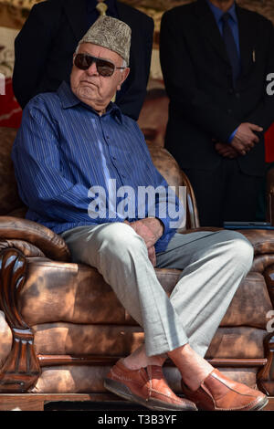 Srinagar, Kashmir. 8 Apr, 2019. Präsident von Indiens politische Partei Nationale Konferenz Farooq Abdullah während einer Wahlkampagne Rallye vor der bevorstehenden Wahlen in Srinagar gesehen. Kredit Idrees: Abbas/SOPA Images/ZUMA Draht/Alamy leben Nachrichten Stockfoto