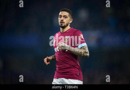 London, Großbritannien. 8. Apr 2019. Manuel LANZINI West Ham in der Premier League Spiel zwischen Chelsea und West Ham United an der Stamford Bridge, London, England am 8. April 2019. Foto von Andy Rowland. Credit: PRiME Media Images/Alamy leben Nachrichten Stockfoto