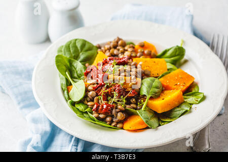 Vegan Salat mit Linsen, Kürbis und getrocknete Tomaten in eine weiße Platte. Stockfoto