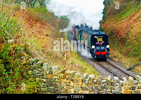 Tyrannisiert Pacific, West Country Klasse Nr.34092 Stadt der Brunnen, Beck, Bohrung, North Yorkshire Moors Railway, England, 2. April 2019 Stockfoto