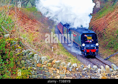 Tyrannisiert Pacific, West Country Klasse Nr.34092 Stadt der Brunnen, Beck, Bohrung, North Yorkshire Moors Railway, England, 2. April 2019 Stockfoto