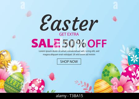 Ostern verkauf Banner Design vorlage mit bunten Eiern und Blumen. Verwenden Sie für Werbung, Flyer, Poster, Broschüre, gutschein rabatt. Stock Vektor