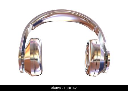 Chrom Kopfhörer Symbol auf weißem Hintergrund. 3D-Darstellung Stockfoto