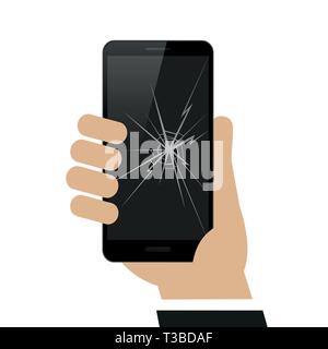 Hand Smartphone mit gebrochenen Anzeige auf weißem Hintergrund Vektor-illustration EPS 10 isoliert Stock Vektor