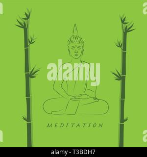 Meditation buddha Körperhaltung in grüne Farbe in Lotus Position mit Bambus Vektor-illustration EPS 10. Stock Vektor