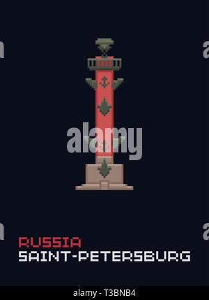 Pixel Art Vektorgrafik, flacher Stil. Stilvolle, farbenfrohe Wahrzeichen. Rostral Säule einfaches 8-Bit-Symbol, das Symbol von Russland, Sankt Petersburg Stock Vektor
