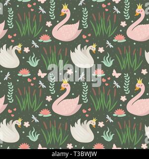 Schwäne süßes nahtlose Muster. Moderne Prinzessin Swan sich wiederholende Textur. Urlaub endlose Hintergrund, Hintergrund. Vector Illustration. Stock Vektor