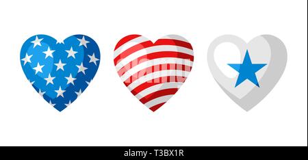 Drei Herzen Formen in der amerikanischen Flagge Farben. Auf weissem Hintergrund. Stock Vektor