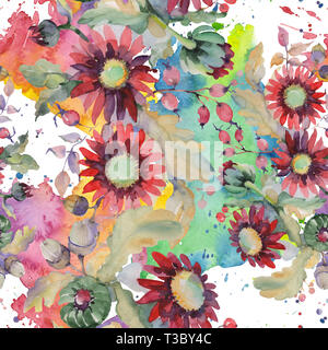 Red Aster und Acorn bouquet Blumig botanischen Blumen. Aquarell Abbildung. Nahtlose Muster. Stockfoto