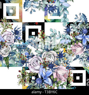 Wildblumen bouquet Blumig botanischen Blumen. Aquarell Hintergrund Abbildung. Nahtlose Muster. Stockfoto