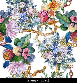 Wildblumen bouquet Blumig botanischen Blumen. Aquarell Hintergrund Abbildung. Nahtlose Muster. Stockfoto