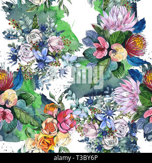 Wildblumen bouquet Blumig botanischen Blumen. Aquarell Hintergrund Abbildung. Nahtlose Muster. Stockfoto