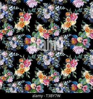 Wildblumen bouquet Blumig botanischen Blumen. Aquarell Hintergrund Abbildung. Nahtlose Muster. Stockfoto