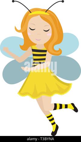 Süße kleine Mädchen bee Symbol in flachen, Cartoon Stil. Baby Karneval Kostüm Biene. Auf weissem Hintergrund. Vector Illustration. Stock Vektor