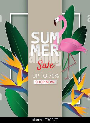 Kreative Abbildung: Summer Sale Hintergrund mit tropischen Blätter, Blüte und Flamingo in einem Papier schneiden Stil. Sommer Design für Broschüre, Web ba Stock Vektor