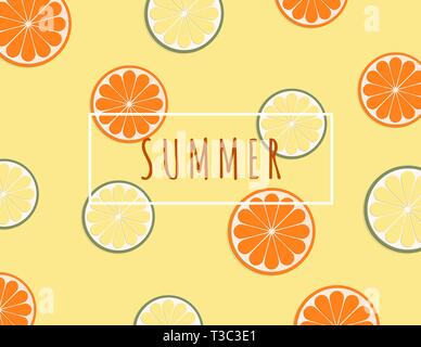 Kreative Abbildung Sommer Hintergrund mit tropischen Früchten Orange und Limone. Design für Vorlage, Poster, Werbung, Flyer, Broschüre, Gutschein Stock Vektor