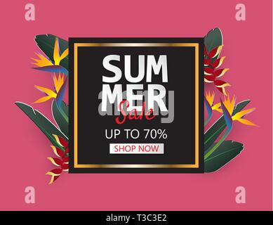 Kreative Abbildung: Summer Sale Banner mit tropischen Blättern in Papier schneiden Stil. Poster, Banner, Werbung, Tapeten, Postkarte, Flyer Vorlage. Stock Vektor