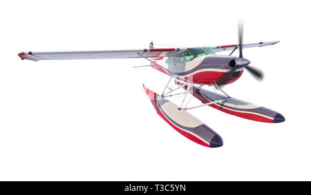 Retro Wasserflugzeug Abbildung. 3D-Render. Auf weissem Hintergrund. Propeller dreht und unscharf Stockfoto