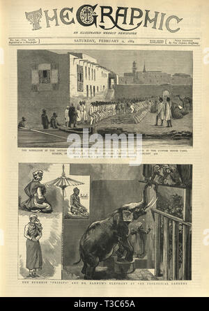 Vordere Seite der Grafik Zeitung Samstag, den 2. Februar 1884. Rebellion im Sudan und Barnum des Elefanten an der Zoologischen Gärten Stockfoto