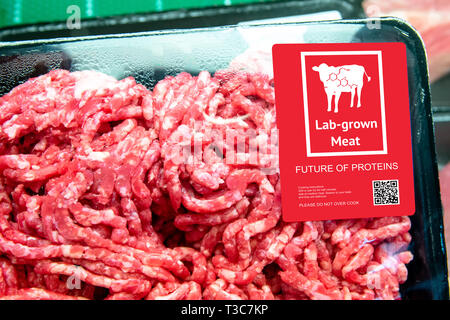 Künstliche rind Labor gewachsen Fleisch im Einzelhandel Supermarkt aufstrebenden Gebiet der Lebensmittelproduktion mit Label. Künftige Entwicklung der Biotechnologie, künstliche Nahrung 4. Stockfoto