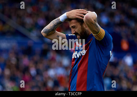 VALENCIA, Spanien - 07 April: Jose Luis Morales Nogales von Levante UD reagiert während des La Liga Match zwischen Levante UD und SD Huesca zu Ciutat de Valencia am 7. April 2019 in Valencia, Spanien. (Foto von David Aliaga/MB Medien) Stockfoto