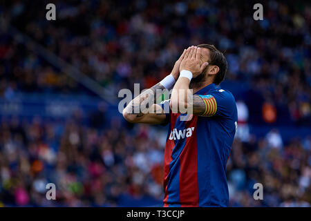 VALENCIA, Spanien - 07 April: Jose Luis Morales Nogales von Levante UD reagiert während des La Liga Match zwischen Levante UD und SD Huesca zu Ciutat de Valencia am 7. April 2019 in Valencia, Spanien. (Foto von David Aliaga/MB Medien) Stockfoto