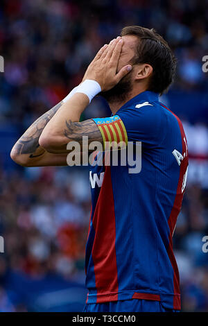 VALENCIA, Spanien - 07 April: Jose Luis Morales Nogales von Levante UD reagiert während des La Liga Match zwischen Levante UD und SD Huesca zu Ciutat de Valencia am 7. April 2019 in Valencia, Spanien. (Foto von David Aliaga/MB Medien) Stockfoto