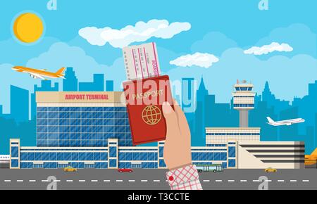 Der internationale Flughafen Konzept. Hand mit Ticket und Pass. Himmel mit Wolken und Sonne. Flughafen Terminal mit Straße, Taxi, Bus und Flugzeug. Citysca Stock Vektor