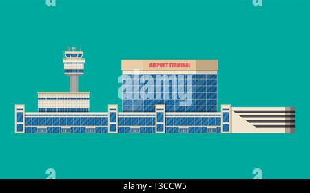 Flughafentower, Terminal Gebäude und Parkplatz. Vector Illustration im flachen Stil Stock Vektor