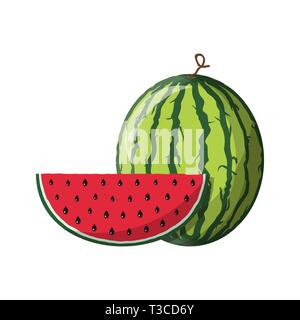 Wassermelone und rote Scheibe mit schwarzen Samen. Frische Wassermelone Gemüse. Vector Illustration im flachen Stil Stock Vektor
