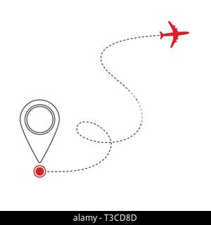 Rot fliegenden Flugzeug und Markierung von Geolocation auf weißem Hintergrund. Vektor Stock Vektor