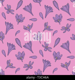 Nahtlose Muster mit lila Krokusse Frühling Blumen und Blüten auf rosa Hintergrund Stockfoto