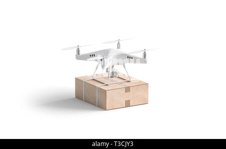 Leere weiße Quadrocopter mit Box Mockup, stand isoliert, Seitenansicht, 3D-Rendering. Leere drine mit Paket mock up. Klar Quadrocopter für Lieferung oder sh Stockfoto