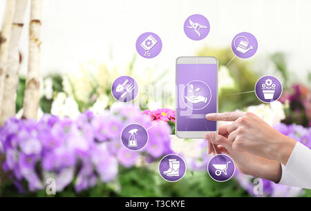 Gartengeräte e-commerce Konzept, Online Shopping auf Smart Phone, Zeiger und Bildschirm mit Tools Symbole tippen, auf Frühling Blumen pflanzen Hinterg Stockfoto