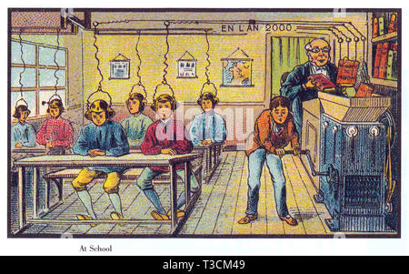 Im Jahr 2000 Reihe französischer Abbildungen zwischen 1899 und 1910 mit imaginären technologische Fortschritte veröffentlicht. Automatisierte lernen in der Schule. Stockfoto