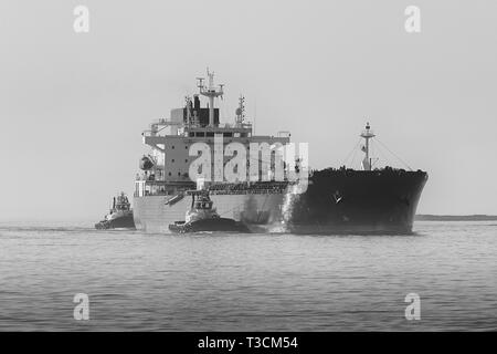 Schwarz-weiß-Foto des TANKERS STRIMON für CHEMIKALIEN/ÖLPRODUKTE, der im Hafen von Los Angeles, Kalifornien, in den Hauptkanal von Los Angeles einfährt. USA Stockfoto