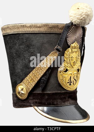 Ein Modell 1818 shako für Offiziere des 48. Zeile Regiment, zweiten Restauration (1815-1830) hoch, schwarzer Körper fühlte, mit einem Leder top mit goldfarbenem Emblem mit der Französischen Wappen versehen, die regimental Nummer '48', versilberten Metall Kokarde, weißer Wolle pompom, Messing Metall chinscales auf Eingestanzt star Rosetten, schwarzer Samt unteren Band, leder Peak mit vergoldetem Messing Kanten- und vollständig erhaltene Innenfutter aus Leder. Die Feder Feder fehlt. Höhe 27 cm. Bemerkenswert gut erhaltenen Kopfbedeckungen. historischen, historische, 19. Jahrhundert, Französisch Restaurierung, Franken, Additional-Rights - Clearance-Info - Not-Available Stockfoto